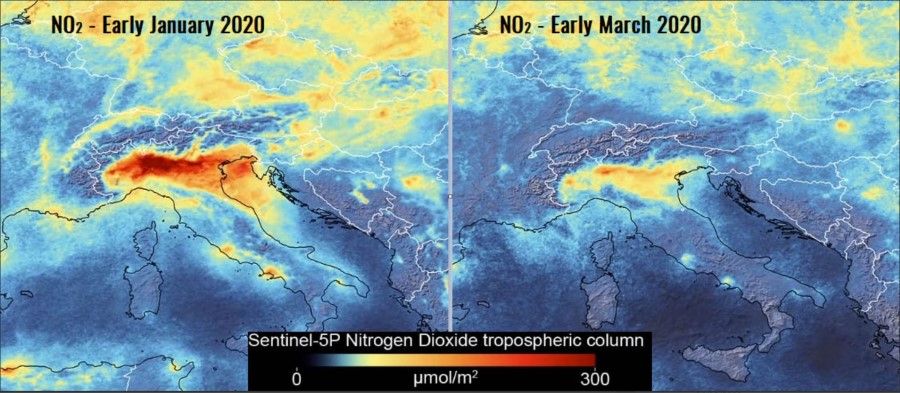 Sentinel 5P NO2 Tropospheric column Italy January vs March 2020